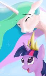 Size: 1080x1776 | Tagged: safe, artist:sakuracheetah, princess celestia, twilight sparkle, g4, :d, ^^, accessory swap, bust, celestia's crown, duo, eyes closed, eyes open, happy, light blue background, looking at someone, looking up, open mouth, open smile, portrait, simple background, smiling, teacher and student