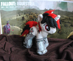 Size: 640x530 | Tagged: safe, artist:ketika, oc, oc only, oc:blackjack, cyborg, pony, unicorn, fallout equestria, fallout equestria: project horizons, clothes, cutie mark, fanfic, female, hooves, horn, irl, level 1 (project horizons), mare, photo, plushie, ponyville, socks, solo, sweet apple acres, text, unicorn oc