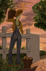 Size: 2600x4000 | Tagged: safe, artist:morevespenegas, applejack, human, g4, apple, back, basket, behind, female, fence, humanized, overalls, solo, sunset, working