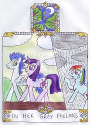 Size: 1024x1425 | Tagged: dead source, safe, artist:chatsium, rainbow dash, soarin', twilight sparkle, g4, deviantart watermark, female, heartbreak, male, obtrusive watermark, sad, shipping, soarlight, straight, traditional art, watermark