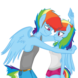 Size: 891x896 | Tagged: safe, artist:dorkasd, artist:jaquelindreamz, rainbow dash, anthro, g4, blushing, breasts, female, looking at each other, looking at someone, male, rainbow blitz, rule 63, selfcest, sexy, shipping, straight