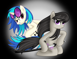Size: 7479x5704 | Tagged: safe, artist:psyxofthoros, dj pon-3, octavia melody, vinyl scratch, earth pony, pony, unicorn, g4, .svg available, absurd resolution, blade, cutie mark, duo, female, hooves, horn, incorrect leg anatomy, mare, smiling, sunglasses, sword, teeth, vector, weapon