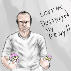 Size: 894x894 | Tagged: safe, artist:neroscottkennedy, fluttershy, human, g4, female, grand theft auto, gta v, male, this will end in tears and/or death, toy, trevor philips
