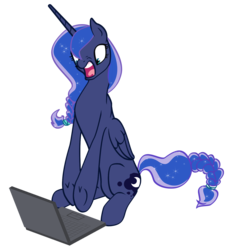 Size: 1400x1500 | Tagged: safe, artist:silfoe, princess luna, g4, alternate hairstyle, computer, female, simple background, sitting, solo, transparent background