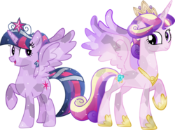 Size: 4117x3050 | Tagged: safe, artist:vector-brony, princess cadance, twilight sparkle, alicorn, crystal alicorn, pony, g4, concave belly, crown, crystallized, duo, female, hoof shoes, mare, simple background, sisters-in-law, slender, spread wings, thin, transparent background, twilight sparkle (alicorn), vector, wings