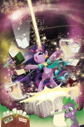 Size: 800x1213 | Tagged: safe, alternate version, artist:amy mebberson, idw, official comic, spike, twilight sparkle, dragon, pony, unicorn, g4, micro-series #1, my little pony micro-series, bipedal, book, comic, cover, cover art, duo, duo male and female, fanfic, female, horn, male, mare, my little pony logo, open mouth, open smile, scroll, smiling, snickering, stifling laughter, tail, textless version, unicorn twilight
