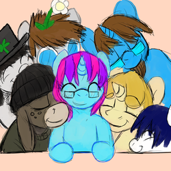 Size: 3000x3000 | Tagged: safe, artist:gordonfreeguy, oc, oc only, oc:clopitor the hydrogenous, oc:daisyhead, oc:feral socks, oc:roboshi, oc:yellowtdash, oc:yorec, cuddling, cute, freckles, glasses, goatee, group hug, group photo, group shot, snuggling, stedilnik