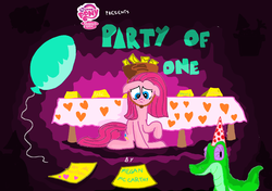 Size: 1440x1012 | Tagged: safe, artist:seriousdog, gummy, pinkie pie, g4, party of one, balloon, pinkamena diane pie, title card