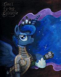 Size: 491x623 | Tagged: safe, artist:graffegruam, princess luna, alicorn, pony, g4, acrylic painting, armor, female, lidded eyes, mare, portrait, solo, traditional art, warrior luna, weapon