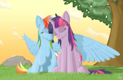 Size: 2900x1900 | Tagged: safe, artist:bcrich40, rainbow dash, twilight sparkle, g4, cloud, cloudy, female, grass, hug, lesbian, ship:twidash, shipping, tree, winghug