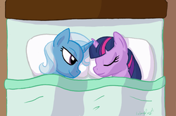 Size: 800x528 | Tagged: safe, artist:wingbeatpony, trixie, twilight sparkle, g4, bed, female, horn, horns are touching, lesbian, ship:twixie, shipping, sleeping