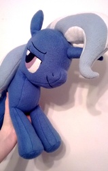 Size: 635x1000 | Tagged: safe, artist:idrawponies, trixie, pony, unicorn, g4, disembodied hand, female, irl, mare, photo, plushie, smiling, solo