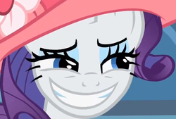 Size: 728x493 | Tagged: safe, screencap, rarity, g4, sweet and elite, close-up, faic, female, rapeface, reaction image, smiling, solo