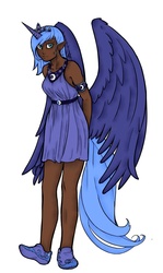 Size: 776x1300 | Tagged: safe, artist:aphexangel, artist:danerboots, princess luna, human, g4, colored, dark skin, female, horn, horned humanization, humanized, s1 luna, simple background, solo, tailed humanization, winged humanization
