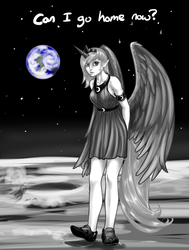 Size: 982x1300 | Tagged: safe, artist:aphexangel, princess luna, human, g4, banishment, dialogue, earth, elf ears, female, horn, horned humanization, humanized, looking at you, moon, solo, space, tailed humanization, winged humanization