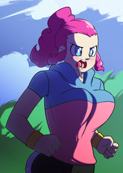 Size: 912x1281 | Tagged: safe, artist:3mangos, pinkie pie, human, g4, big breasts, breasts, busty pinkie pie, candy, female, humanized, jiggle, solo