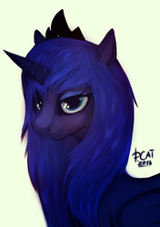Size: 1748x2480 | Tagged: safe, artist:risterdus, princess luna, g4, alternate hairstyle, bust, female, simple background, smiling, solo