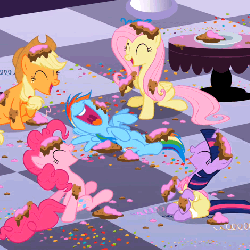 Size: 470x470 | Tagged: safe, screencap, applejack, fluttershy, pinkie pie, rainbow dash, twilight sparkle, earth pony, pegasus, pony, unicorn, g4, sweet and elite, animated, birthday dress, clothes, cropped, cute, daaaaaaaaaaaw, dashabetes, diapinkes, dress, eyes closed, female, jackabetes, laughing, laughingmares.jpg, mare, messy, nose in the air, party, shyabetes, twiabetes