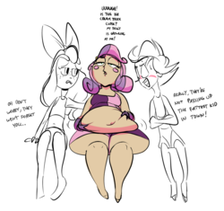 Size: 850x800 | Tagged: safe, artist:ross irving, apple bloom, scootaloo, sweetie belle, human, g4, fat, humanized, sketch, sweetie belly