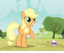 Size: 400x336 | Tagged: safe, edit, edited screencap, screencap, applejack, earth pony, pony, g4, season 2, the last roundup, animated, crossed hooves, crossed legs, falling, female, hub logo, hubble, silly, silly pony, solo, tree, who's a silly pony