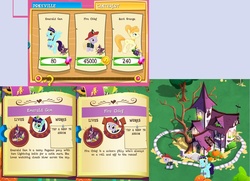 Size: 1490x1078 | Tagged: safe, gameloft, aunt orange, dinky hooves, sassaflash, g4, introduction card, nightmare night