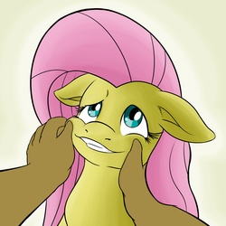 Size: 3200x3200 | Tagged: safe, artist:vulapa, fluttershy, human, g4, floppy ears, forced, grin, pinch, pov, smiling, unhappy