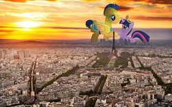 Size: 1920x1200 | Tagged: safe, artist:coolez, artist:somerandomminion, flash sentry, twilight sparkle, alicorn, kaiju, pegasus, pony, g4, armor, blushing, city, crown, eiffel tower, female, giant alicorn, giant pegasus, giant pony, giantess, highrise ponies, macro, male, mare, paris, ship:flashlight, straight, twilight sparkle (alicorn)