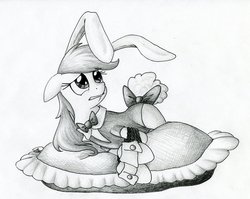 Size: 900x717 | Tagged: safe, artist:azurushka, oc, oc only, oc:lemon slice, pony, bondage, bunny girl, bunny suit, clothes, female, monochrome, playboy bunny, solo