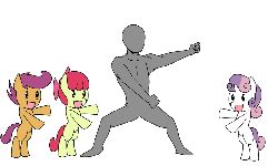 Size: 800x482 | Tagged: safe, artist:starykrow, apple bloom, scootaloo, sweetie belle, oc, oc:anon, human, g4, animated, bipedal, cutie mark crusaders, dancing, the monkey