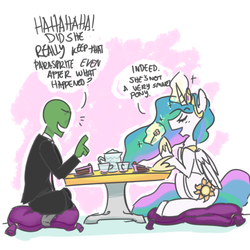 Size: 1000x1000 | Tagged: safe, artist:xieril, princess celestia, oc, oc:anon, human, g4, swarm of the century, cake, dialogue, duo, eating, food, gossip, implied fluttershy, magic, table, tea