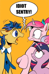 Size: 365x549 | Tagged: safe, idw, flash sentry, princess cadance, twilight sparkle, pony, g4, exploitable meme, horn, idiot sentry, meme, screaming armor, screaming sentry, younger