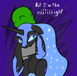 Size: 1078x1070 | Tagged: artist needed, safe, nightmare moon, oc, oc:anon, alicorn, human, pony, g4, blushing, cute, dialogue, ethereal mane, eyelashes, eyes closed, female, floppy ears, holding a pony, hug, i am the night, looking back, mare, nicemare moon, pouting