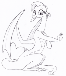 Size: 520x602 | Tagged: safe, artist:queencold, fluttershy, dragon, g4, dragoness, dragonified, female, flutterdragon, monochrome, sketch, smiling, solo, species swap