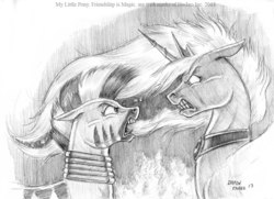 Size: 1100x797 | Tagged: safe, artist:baron engel, princess luna, zecora, zebra, g4, angry, monochrome, pencil drawing, screaming, traditional art