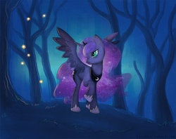 Size: 1000x791 | Tagged: safe, artist:erysz, princess luna, firefly (insect), g4, female, forest, night, solo