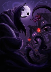 Size: 1240x1754 | Tagged: safe, artist:zolombo, nightmare moon, pinkie pie, alicorn, earth pony, pony, g4, badass, detailed, duo, female, fight, mare, moon, night, nightmare night, shadow, tentacles