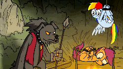 Size: 1280x720 | Tagged: safe, artist:fimflamfilosophy, rainbow dash, rover, scootaloo, diamond dog, dog, pegasus, pony, rainbow dash presents, g4, animated, butt, campfire, carnivore, cooked alive, cooking, fire, food chain, literal spitroast, peril, person as food, plot, predator, prey, suspended, unsexy bondage