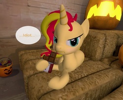 Size: 941x768 | Tagged: safe, artist:pika-robo, sunset shimmer, pony, unicorn, g4, 3d, angry, blushing, chocolate, dalokohs bar, dialogue, eating, female, gmod, looking at you, solo, speech bubble, sunset shimmer is not amused, team fortress 2, tsundere, tsunset shimmer, unamused