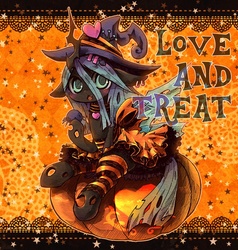 Size: 800x841 | Tagged: safe, artist:kolshica, queen chrysalis, changeling, changeling queen, nymph, g4, :o, blushing, choker, clothes, costume, cute, cutealis, dress, ear piercing, earring, female, halloween, hat, jack-o-lantern, jewelry, leg warmers, looking at you, nightmare night, open mouth, piercing, pumpkin, sitting, solo, witch, witch hat, younger