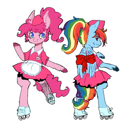 Size: 709x706 | Tagged: safe, artist:techtechno, pinkie pie, rainbow dash, pony, g4, alternate hairstyle, bipedal, carhop, clothes, hilarious in hindsight, ribbon, roller skates, waitress, working