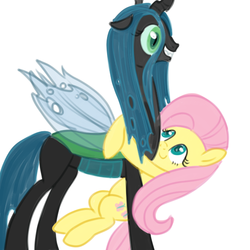 Size: 600x600 | Tagged: safe, artist:hudoyjnik, artist:synch-anon, fluttershy, queen chrysalis, changeling, changeling queen, pegasus, pony, g4, chrysashy, cute, cutealis, female, hug, lesbian, shipping, shyabetes, simple background, smiling, white background