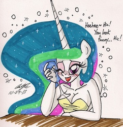 Size: 1199x1241 | Tagged: safe, artist:newyorkx3, princess celestia, anthro, g4, blushing, cleavage, drunk, drunklestia, female, solo, traditional art