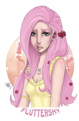 Size: 1600x2448 | Tagged: safe, artist:ayaka-itoe, artist:misshapen-black, fluttershy, human, g4, female, flower, humanized, portrait, solo