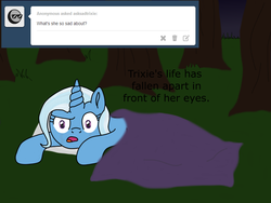 Size: 1280x960 | Tagged: safe, trixie, pony, unicorn, g4, ask, asksadtrixie, female, forest, mare, sad, solo, tumblr