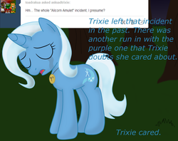 Size: 1280x1014 | Tagged: safe, artist:shiverbear, trixie, pony, unicorn, g4, ask, asksadtrixie, crying, female, forest, mare, sad, solo, tumblr