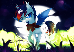 Size: 1542x1094 | Tagged: safe, artist:si1vr, oc, oc only, oc:winter blossom, bat pony, pony, cute, fangs, moon, night, solo