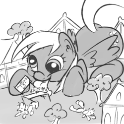 Size: 1000x1000 | Tagged: artist needed, safe, derpy hooves, pegasus, pony, g4, building, ear fluff, female, folded wings, giant derpy hooves, giant pegasus, giant pony, giantess, hilarious in hindsight, macro, mare, monochrome, ponyville, running away, sign, tongue out, tree, window, wings