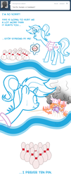 Size: 642x1584 | Tagged: safe, artist:nyerpy, allie way, duck, pony, unicorn, ask allie way, g4, ask, bowling, bowling ball, fire, magic, tumblr