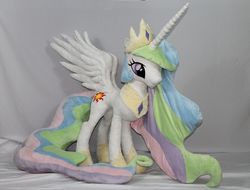 Size: 1398x1062 | Tagged: safe, artist:karasunezumi, princess celestia, alicorn, pony, g4, irl, jewelry, life size, photo, plushie, regalia, solo, spread wings, standing, wings