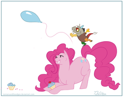 Size: 822x650 | Tagged: safe, artist:tornaroundtheedges, discord, pinkie pie, g4, balloon, chubby, cupcake, fat, grin